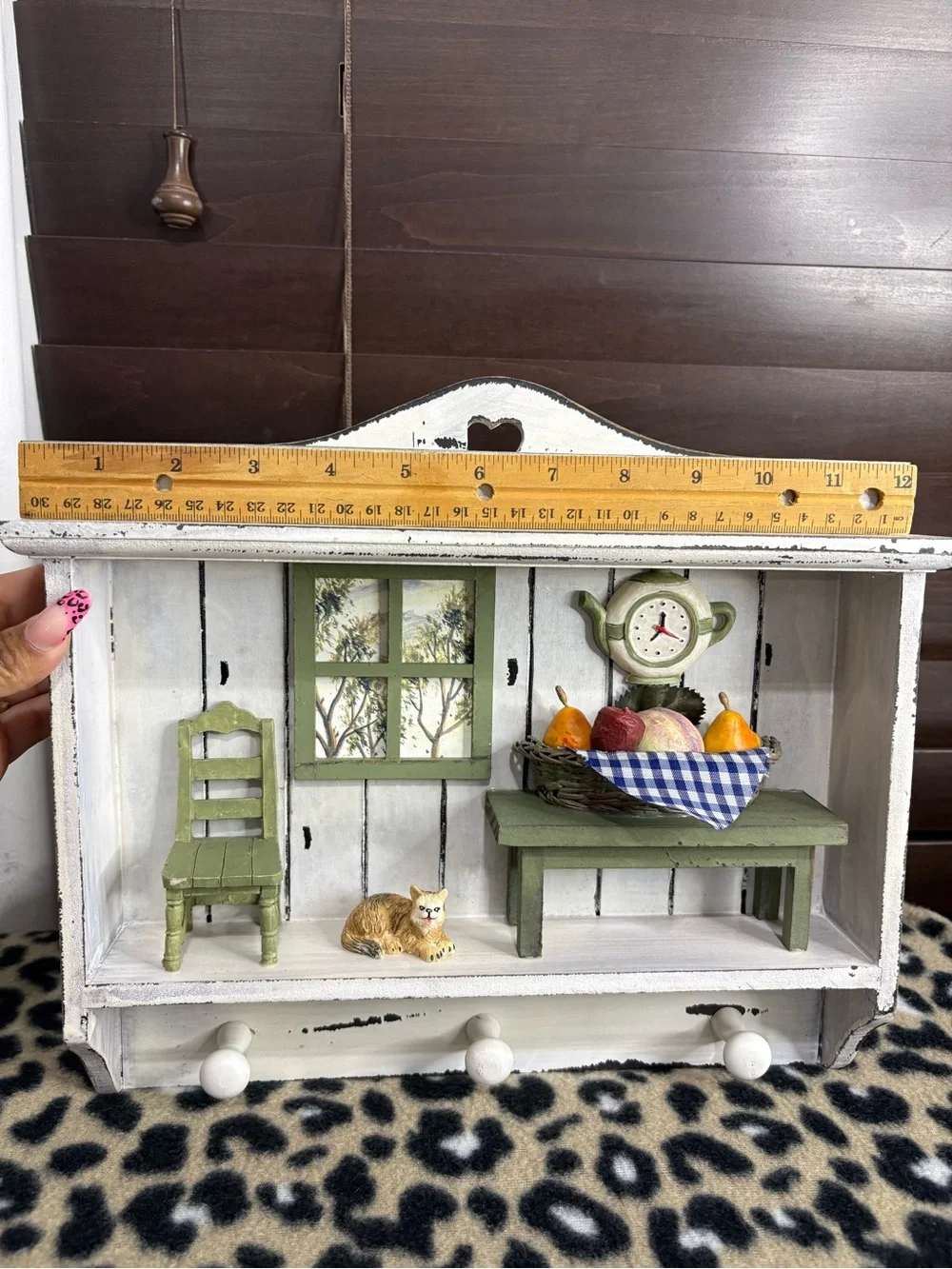 White Wooden Wall Shelf with Green Accents - Home Wall Decor